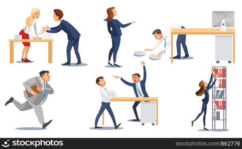 Set of Business People in Stressful Office Situations Flat Vector Isolated on White Background. Angry, Annoyed Boss, Busy Businesswoman and Businessman, Perplexed Office Workers Characters Collection