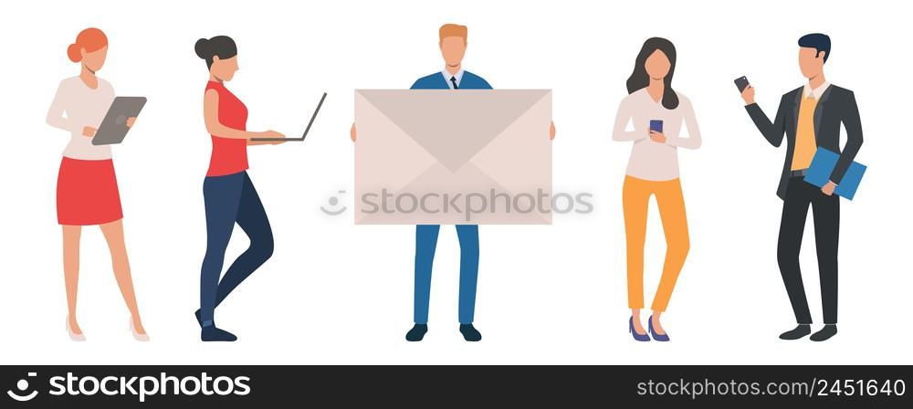 Set of business people using various gadgets for communications. Entrepreneurs communicating via smartphone, tablet computer or laptop. Vector illustration can be used for presentation, promo, article. Set of business people using various gadgets for communications