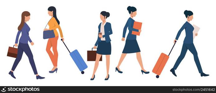 Set of business people with luggage at airport terminal. Crowd of female cartoon characters walking at train station. Vector illustration for presentation, commercial, promo. Set of business people with luggage at airport terminal