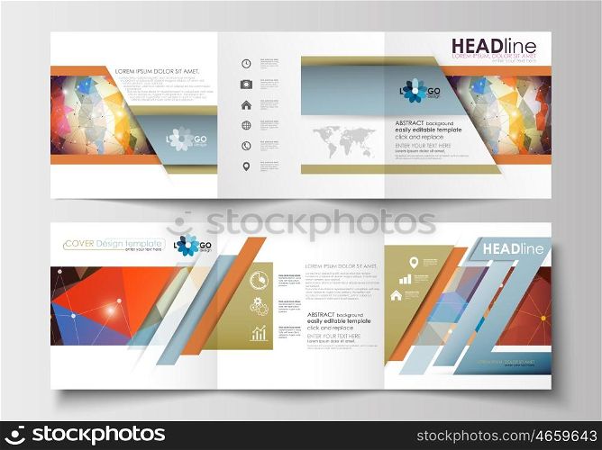 Set of business square templates for tri-fold brochures. Leaflet cover, flat layout, easy editable blank. Abstract colorful triangle design vector background with polygonal molecules.. Set of business templates for tri-fold brochures. Square design. Leaflet cover, abstract flat layout, easy editable blank. Abstract colorful triangle design vector background with polygonal molecules.