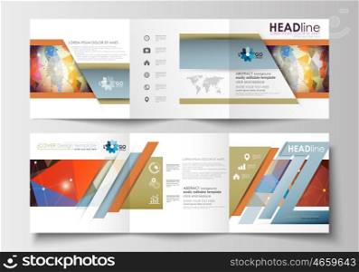 Set of business square templates for tri-fold brochures. Leaflet cover, flat layout, easy editable blank. Abstract colorful triangle design vector background with polygonal molecules.. Set of business templates for tri-fold brochures. Square design. Leaflet cover, abstract flat layout, easy editable blank. Abstract colorful triangle design vector background with polygonal molecules.