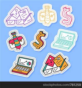 Set of business stickers, pins, patches and handwritten collection in cartoon style. Funny greetings for clothes, card, badge, icon, postcard, banner, tag, stickers, print.