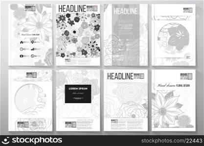 Set of business templates for brochure, flyer or booklet. Hand drawn floral doodle pattern, abstract vector background.
