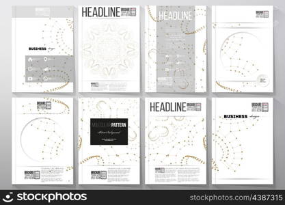 Set of business templates for brochure, flyer or booklet. Polygonal low poly backdrop with connecting dots and lines, golden connection structure on white background. Digital or science vector