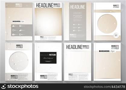 Set of business templates for brochure, flyer or booklet. Abstract polygonal low poly backdrop with connecting dots and lines, connection structure. Vector or digital science background.