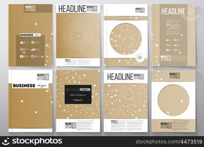 Set of business templates for brochure, flyer or booklet. Abstract polygonal low poly backdrop with connecting dots and lines, golden background, connection structure. Digital or science vector.
