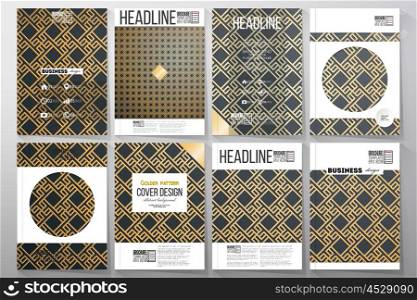 Set of business templates for brochure, flyer or booklet. Islamic gold pattern with overlapping geometric square shapes forming abstract ornament. Vector stylish golden texture on black background.