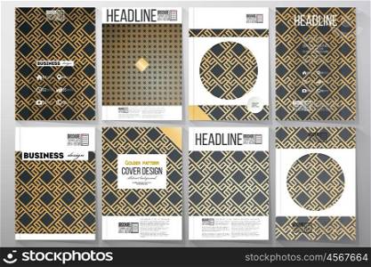 Set of business templates for brochure, flyer or booklet. Islamic gold pattern with overlapping geometric square shapes forming abstract ornament. Vector stylish golden texture on black background.