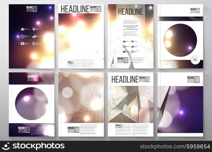 Set of business templates for brochure, flyer or booklet. Abstract multicolored background with bokeh lights and stars. Vector 3D pyramid, scientific digital design, science vector illustration.