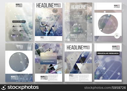 Set of business templates for brochure, flyer or booklet. DNA molecule structure on dark blue background. Science vector background.