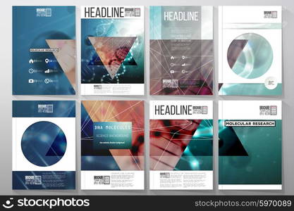 Set of business templates for brochure, flyer or booklet. DNA molecule structure on dark green background. Science vector background.