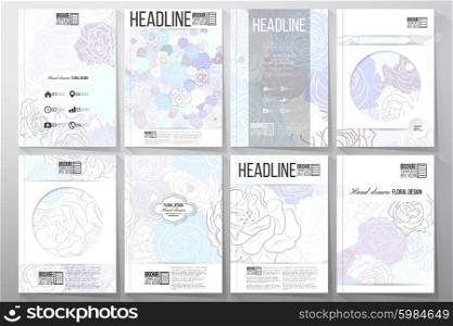 Set of business templates for brochure, flyer or booklet. Hand drawn floral doodle pattern, abstract vector background.