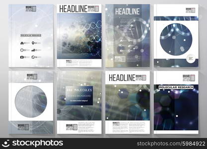 Set of business templates for brochure, flyer or booklet. DNA molecule structure on dark blue background. Science vector background.