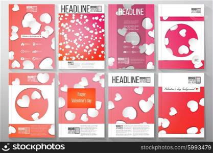 Set of business templates for brochure, flyer or booklet. White paper hearts, red vector background, Valentines day decoration.