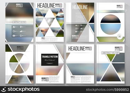 Set of business templates for brochure, flyer or booklet. Abstract multicolored background of blurred nature landscapes, geometric vector, triangular style illustration.