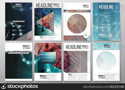 Set of business templates for brochure, flyer or booklet. DNA molecule structure on dark green background. Science vector background.