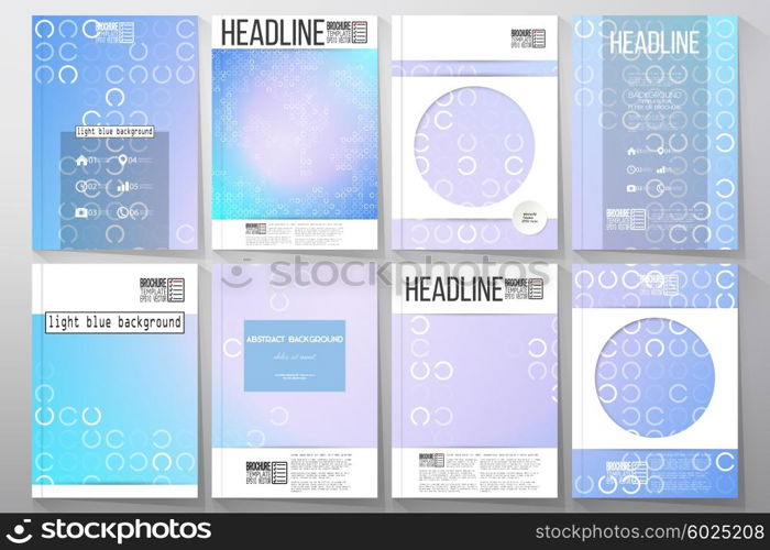 Set of business templates for brochure, flyer or booklet. Abstract white circles on light blue background, vector illustration.