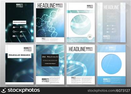 Set of business templates for brochure, flyer or booklet. DNA molecule structure on dark blue background. Science vector background.