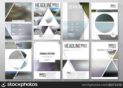 Set of business templates for brochure, flyer or booklet. Abstract multicolored background of blurred nature landscapes, geometric vector, triangular style illustration.