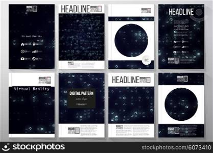 Set of business templates for brochure, flyer or booklet. Virtual reality, abstract technology background with blue symbols, vector illustration.