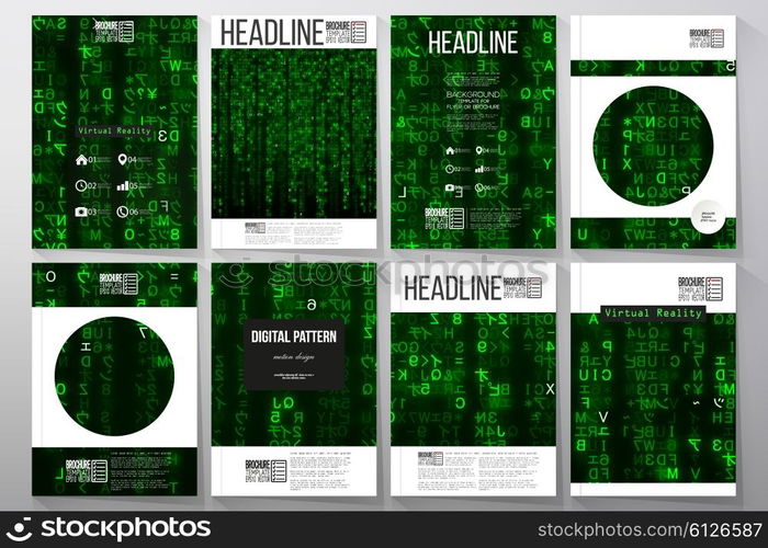 Set of business templates for brochure, flyer or booklet. Virtual reality, abstract technology background with green symbols, vector illustration.