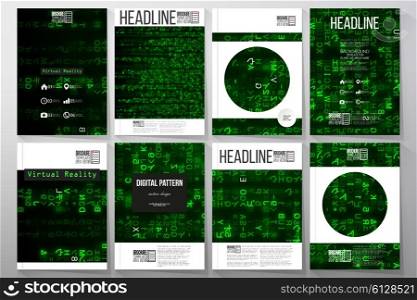 Set of business templates for brochure, flyer or booklet. Virtual reality, abstract technology background with green symbols, vector illustration.