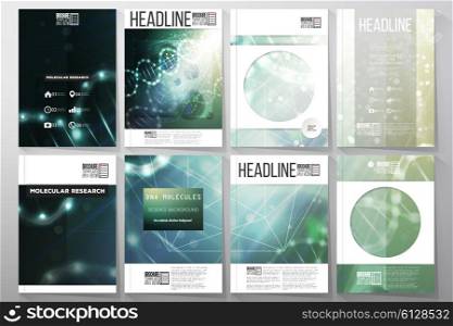 Set of business templates for brochure, flyer or booklet. DNA molecule structure on dark green background. Science vector background.
