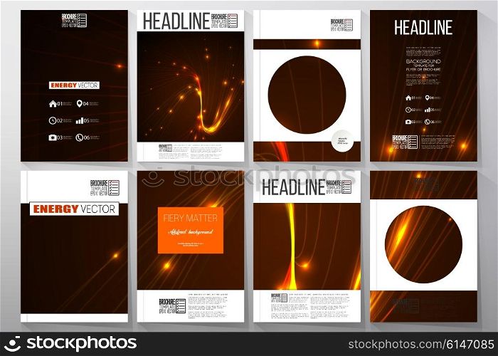 Set of business templates for brochure, flyer or booklet. Abstract lines background, dynamic glowing decoration, motion design, energy style vector illustration.