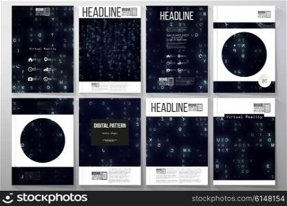 Set of business templates for brochure, flyer or booklet. Virtual reality, abstract technology background with blue symbols, vector illustration.