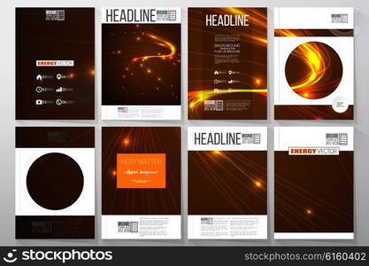 Set of business templates for brochure, flyer or booklet. Abstract lines background, dynamic glowing decoration, motion design, energy style vector illustration.