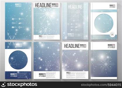 Set of business templates for brochure, flyer or booklet. Blue abstract winter background. Christmas vector style with snowflakes.