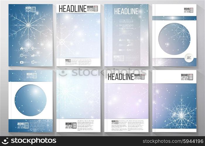 Set of business templates for brochure, flyer or booklet. Blue abstract winter background. Christmas vector style with snowflakes.