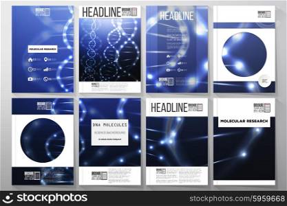 Set of business templates for brochure, flyer or booklet. DNA molecule structure on dark background. Science vector background.