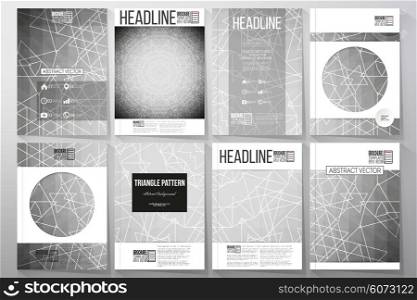Set of business templates for brochure, flyer or booklet. Sacred geometry, triangle design gray background. Abstract vector illustration.