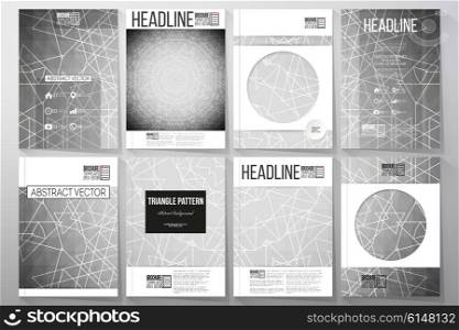 Set of business templates for brochure, flyer or booklet. Sacred geometry, triangle design gray background. Abstract vector illustration.