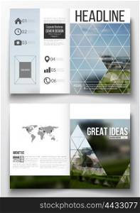 Set of business templates for brochure, magazine, flyer, booklet or annual report. Colorful polygonal background, blurred image, airport landscape, modern stylish triangular vector texture.