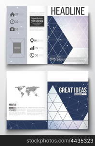 Set of business templates for brochure, magazine, flyer, booklet or annual report. Polygonal backdrop with connecting dots and lines, connection structure, blue background. Digital or science vector