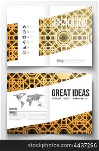 Set of business templates for brochure, magazine, flyer, booklet or annual report. Islamic gold pattern with overlapping geometric square shapes forming abstract ornament. Vector golden texture