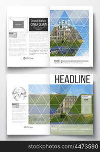 Set of business templates for brochure, magazine, flyer, booklet or annual report. Polygonal background, blurred image, park landscape, modern stylish vector texture.