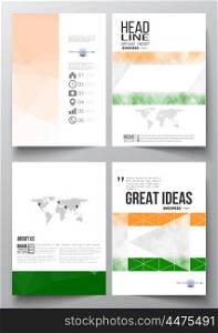Set of business templates for brochure, magazine, flyer, booklet or annual report. Background for Indian Independence Day celebration with Ashoka wheel and national flag colors, vector illustration.