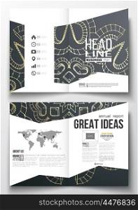 Set of business templates for brochure, magazine, flyer, booklet or annual report. Polygonal backdrop with golden connecting dots and lines, connection structure. Digital scientific background.