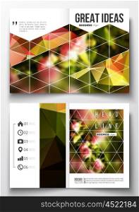 Set of business templates for brochure, magazine, flyer, booklet or annual report. Colorful polygonal floral background, blurred image, pink flowers on green, modern triangular texture.