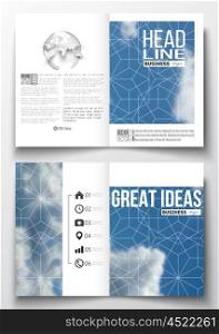 Set of business templates for brochure, magazine, flyer, booklet or annual report. Beautiful blue sky, abstract geometric background with white clouds, leaflet cover, business layout, vector illustration.