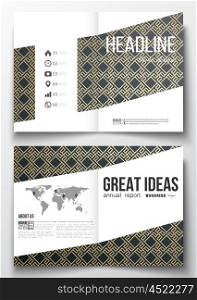 Set of business templates for brochure, magazine, flyer, booklet or annual report. Islamic gold pattern with overlapping geometric square shapes forming abstract ornament. Vector golden texture.