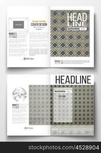 Set of business templates for brochure, magazine, flyer, booklet or annual report. Islamic gold pattern with overlapping geometric square shapes forming abstract ornament. Vector golden texture.