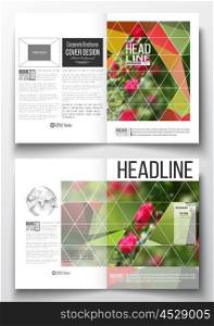 Set of business templates for brochure, magazine, flyer, booklet or annual report. Colorful polygonal floral background, blurred image, red flowers on green, modern triangular texture.