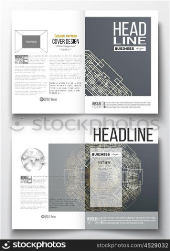 Set of business templates for brochure, magazine, flyer, booklet or annual report. Round golden technology pattern on dark background, mandala template, connecting lines and dots, connection structure.