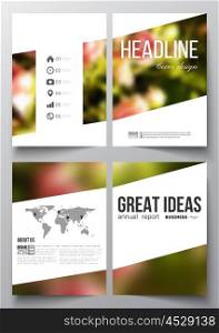 Set of business templates for brochure, magazine, flyer, booklet or annual report. Colorful floral background, blurred image, pink flowers on green, modern template.