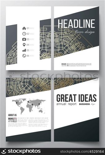 Set of business templates for brochure, magazine, flyer, booklet or annual report. Round golden technology pattern on dark background with connecting lines and dots. Digital scientific vector