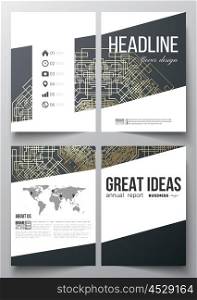 Set of business templates for brochure, magazine, flyer, booklet or annual report. Round golden technology pattern on dark background with connecting lines and dots. Digital scientific vector
